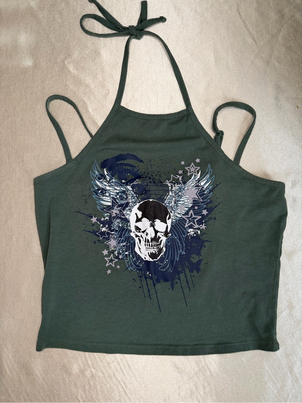 Social Collision Winged Skull Stars Graphic Halter Tank Top Medium Y2k Grunge